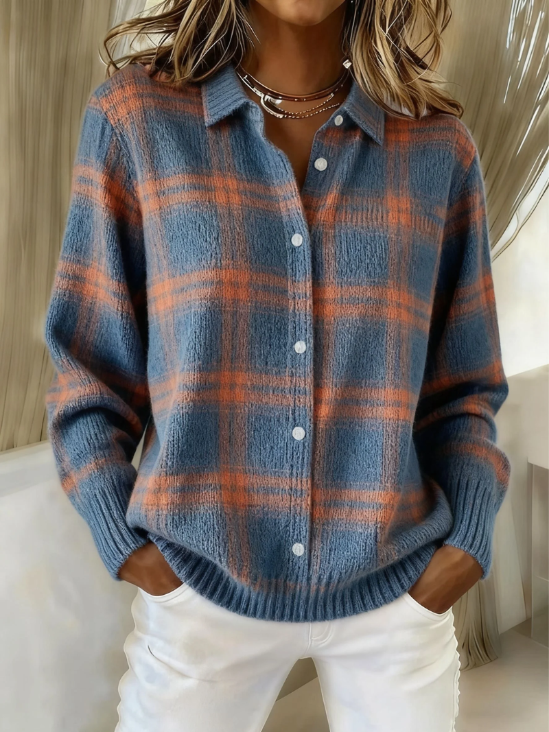Margaux | Chemise en Maille Boutonnée à Manches Longues pour Femme - Carreaux Bleu et Rouille