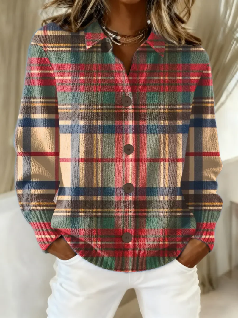 Margaux | Chemise en Maille Boutonnée à Manches Longues pour Femme - Tartan Multicolore