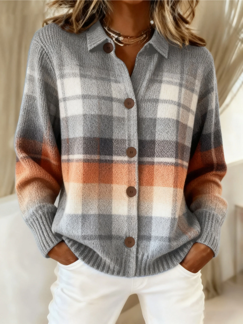 Margaux | Chemise en Maille Boutonnée à Manches Longues pour Femme - Ombré Gris et Orange