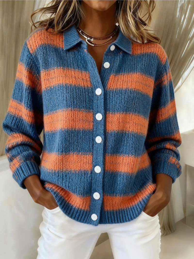 Margaux | Chemise en Maille Boutonnée à Manches Longues pour Femme - Rayé Bleu et Orange