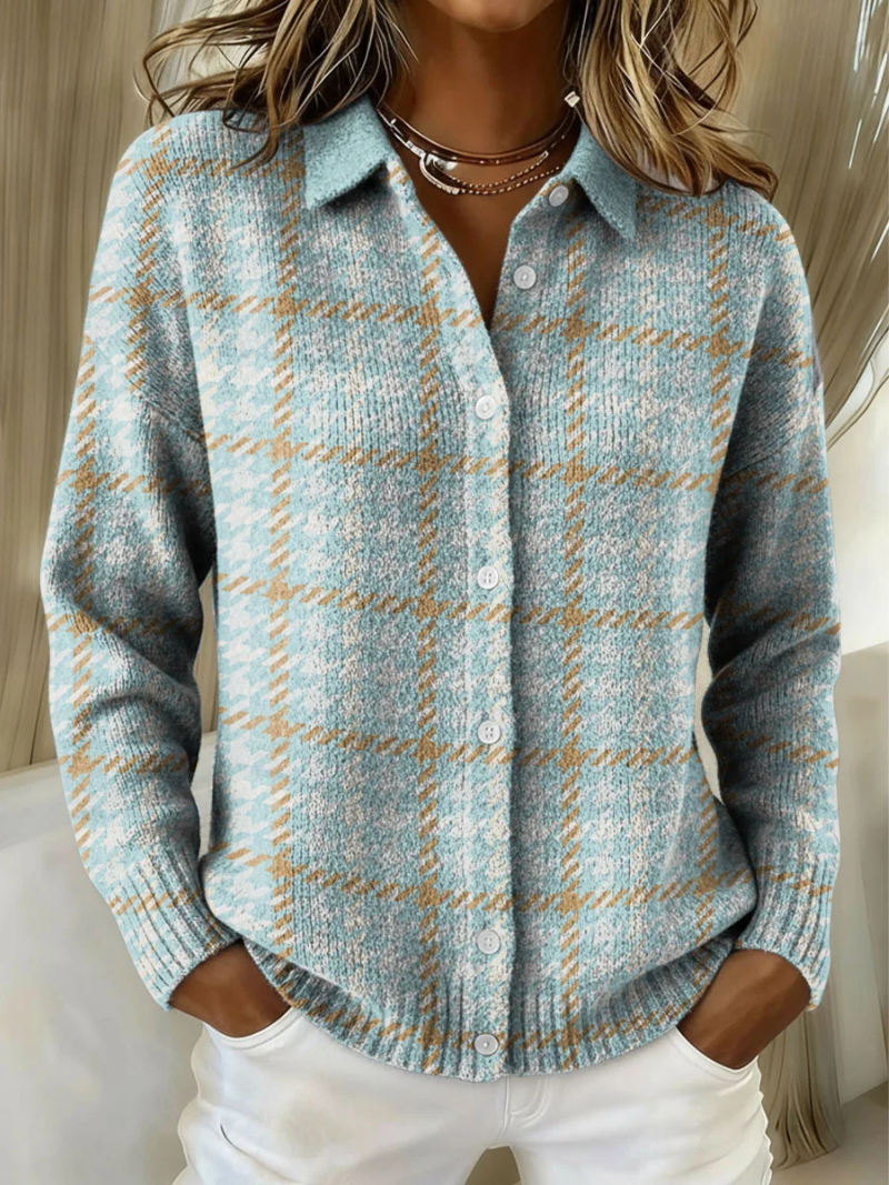 Margaux | Chemise en Maille Boutonnée à Manches Longues pour Femme - Vichy Bleu et Jaune
