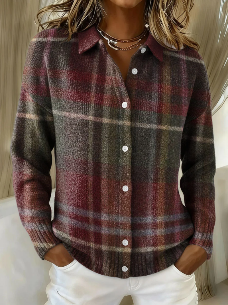 Margaux | Chemise en Maille Boutonnée à Manches Longues pour Femme - Carreaux Bordeaux