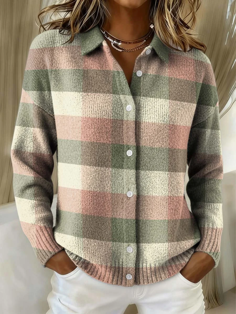 Margaux | Chemise en Maille Boutonnée à Manches Longues pour Femme - Carreaux Rose et Sauge