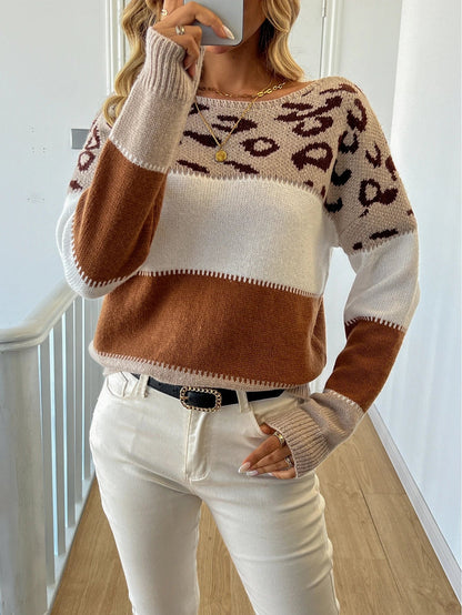Suéter de Tricô com Estampa de Leopardo e Contraste para Outono e Inverno — 5