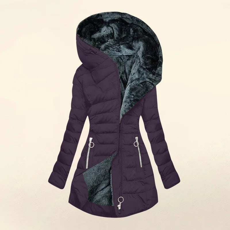 Zíper fino-encaixe parkas algodão-acolchoado jaqueta tendência inverno quente gola de pele parkas roupas femininas casacos de manga longa com capuz — 13