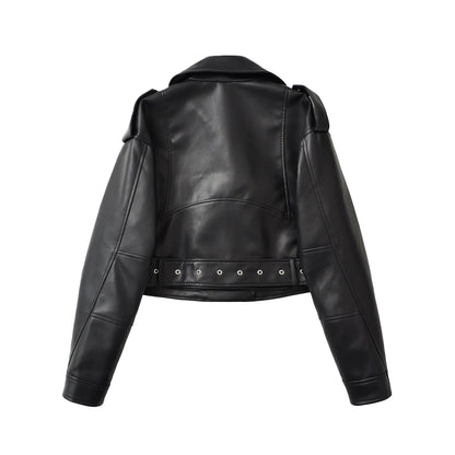 Mulheres pu casacos de couro falso jaqueta curta vintage moto biker casaco streetwear zíper turn down collar outerwear outono 2025 — 2