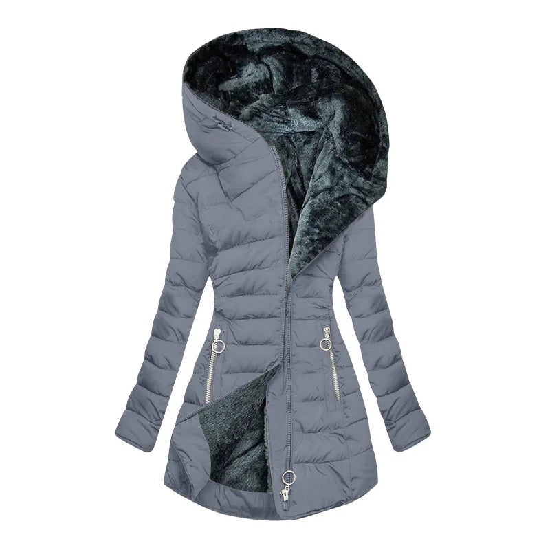Zíper fino-encaixe parkas algodão-acolchoado jaqueta tendência inverno quente gola de pele parkas roupas femininas casacos de manga longa com capuz — 16
