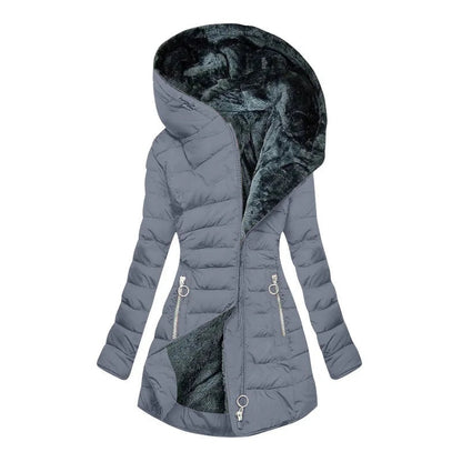 Zíper fino-encaixe parkas algodão-acolchoado jaqueta tendência inverno quente gola de pele parkas roupas femininas casacos de manga longa com capuz — 16