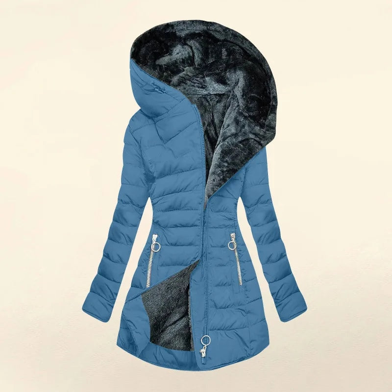 Zíper fino-encaixe parkas algodão-acolchoado jaqueta tendência inverno quente gola de pele parkas roupas femininas casacos de manga longa com capuz — 10