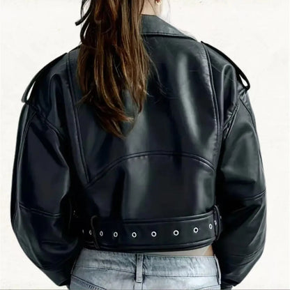 Mulheres pu casacos de couro falso jaqueta curta vintage moto biker casaco streetwear zíper turn down collar outerwear outono 2025 — 6