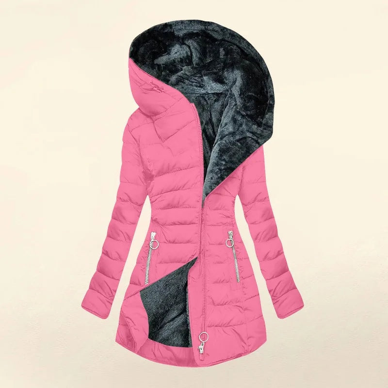 Zíper fino-encaixe parkas algodão-acolchoado jaqueta tendência inverno quente gola de pele parkas roupas femininas casacos de manga longa com capuz — 12