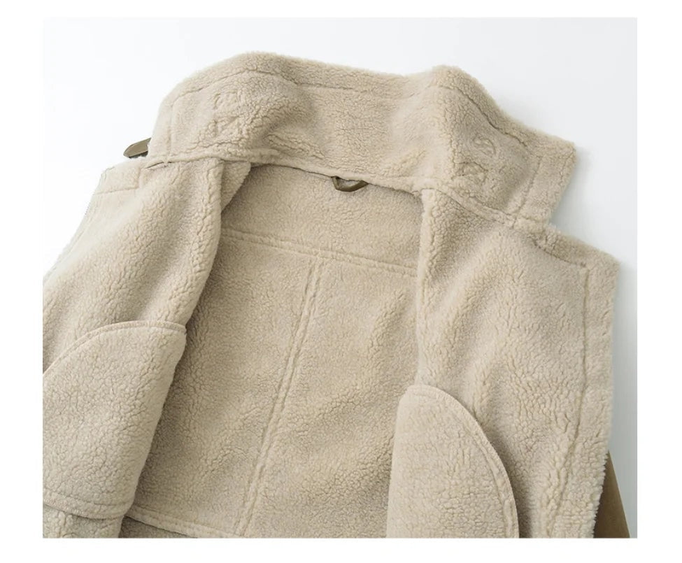 Casaco Quente de Couro Camurça Estilo Espanhol com Forro de Pele de Carneiro para Mulheres, Ideal para Uso em Motocicleta no Outono-Inverno — 3