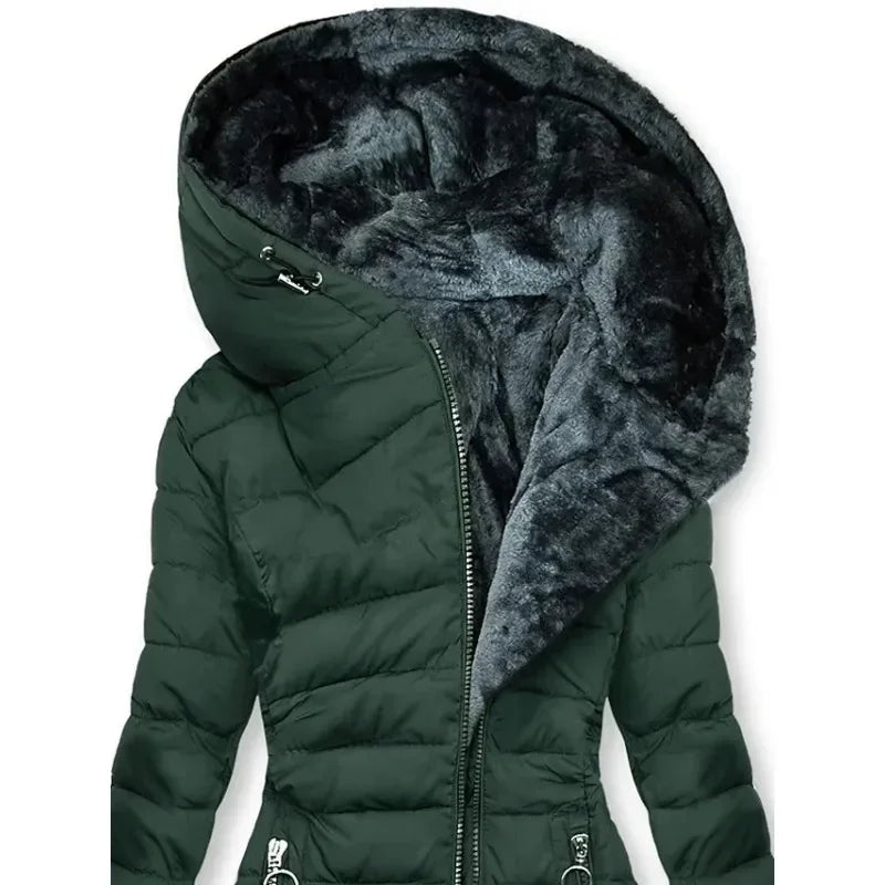 Zíper fino-encaixe parkas algodão-acolchoado jaqueta tendência inverno quente gola de pele parkas roupas femininas casacos de manga longa com capuz — 4