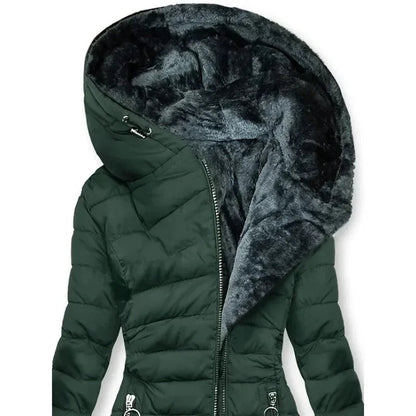Zíper fino-encaixe parkas algodão-acolchoado jaqueta tendência inverno quente gola de pele parkas roupas femininas casacos de manga longa com capuz — 4