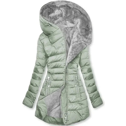Zíper fino-encaixe parkas algodão-acolchoado jaqueta tendência inverno quente gola de pele parkas roupas femininas casacos de manga longa com capuz — 1