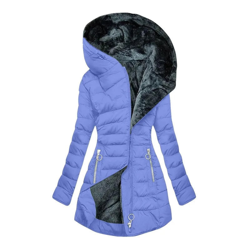 Zíper fino-encaixe parkas algodão-acolchoado jaqueta tendência inverno quente gola de pele parkas roupas femininas casacos de manga longa com capuz — 17