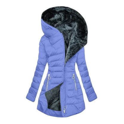Zíper fino-encaixe parkas algodão-acolchoado jaqueta tendência inverno quente gola de pele parkas roupas femininas casacos de manga longa com capuz — 17