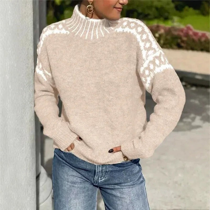 Suéter Jacquard de Gola Semi-Alta para Mulheres, Pulôver de Tricô Retro de Manga Longa para Outono e Inverno — 3