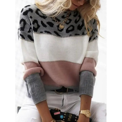 Suéter de Tricô com Estampa de Leopardo e Contraste para Outono e Inverno — 4