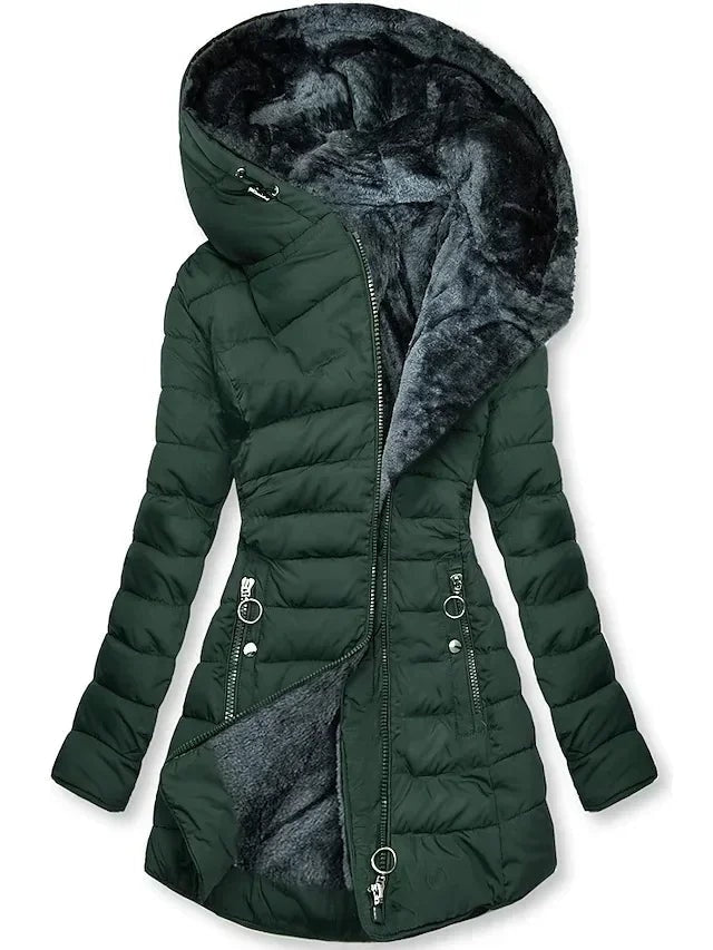 Zíper fino-encaixe parkas algodão-acolchoado jaqueta tendência inverno quente gola de pele parkas roupas femininas casacos de manga longa com capuz — 8
