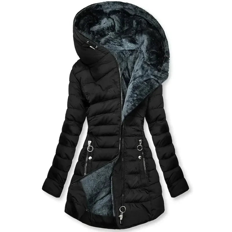 Zíper fino-encaixe parkas algodão-acolchoado jaqueta tendência inverno quente gola de pele parkas roupas femininas casacos de manga longa com capuz — 3