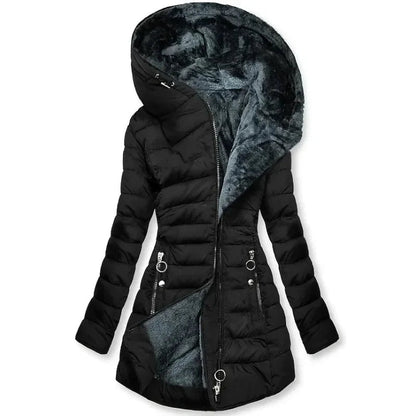 Zíper fino-encaixe parkas algodão-acolchoado jaqueta tendência inverno quente gola de pele parkas roupas femininas casacos de manga longa com capuz — 3