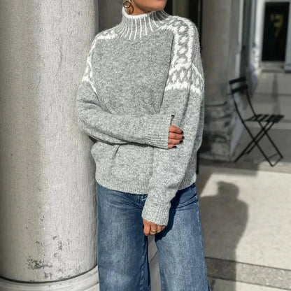 Suéter Jacquard de Gola Semi-Alta para Mulheres, Pulôver de Tricô Retro de Manga Longa para Outono e Inverno — 5
