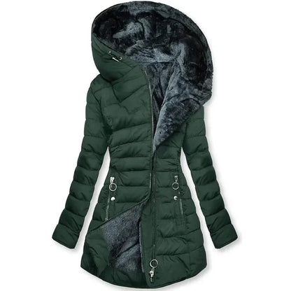 Zíper fino-encaixe parkas algodão-acolchoado jaqueta tendência inverno quente gola de pele parkas roupas femininas casacos de manga longa com capuz — 2