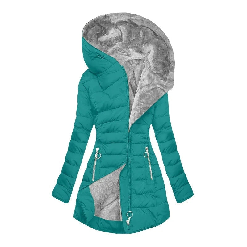 Zíper fino-encaixe parkas algodão-acolchoado jaqueta tendência inverno quente gola de pele parkas roupas femininas casacos de manga longa com capuz — 18