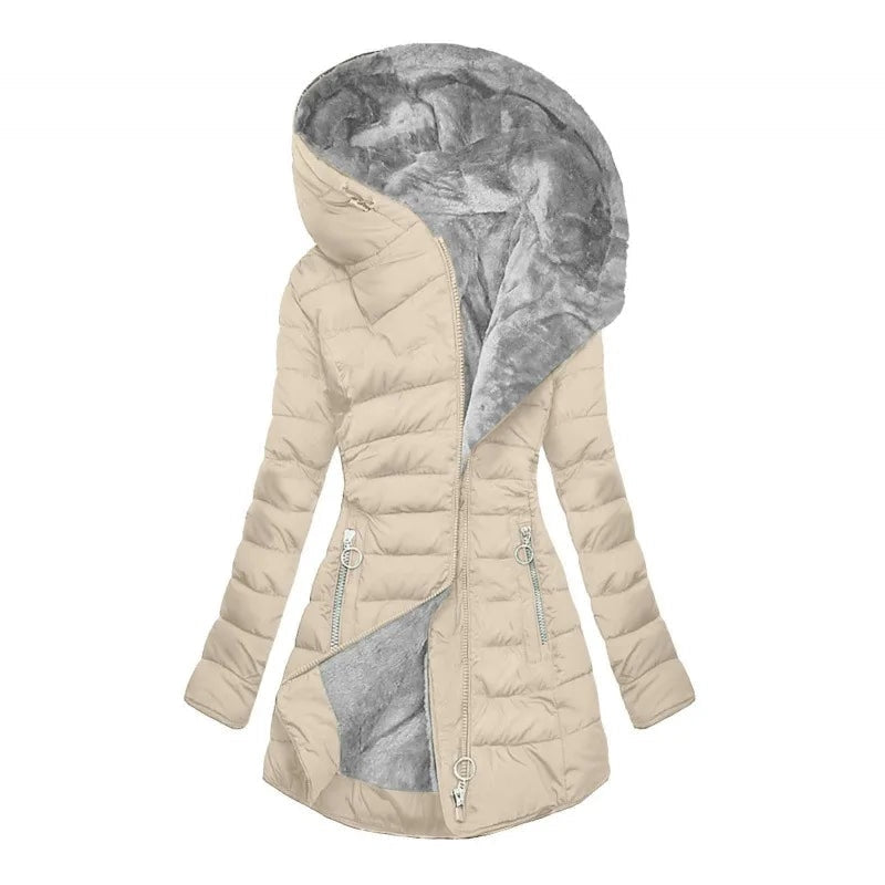 Zíper fino-encaixe parkas algodão-acolchoado jaqueta tendência inverno quente gola de pele parkas roupas femininas casacos de manga longa com capuz — 19