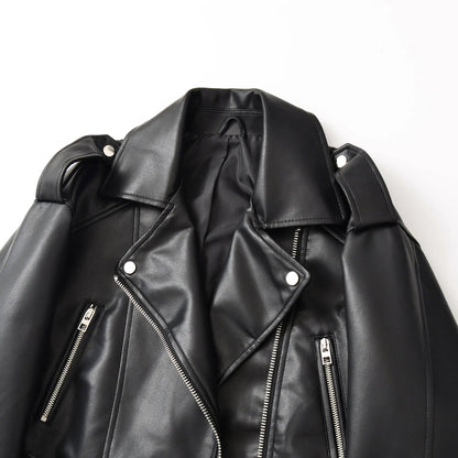 Mulheres pu casacos de couro falso jaqueta curta vintage moto biker casaco streetwear zíper turn down collar outerwear outono 2025 — 3