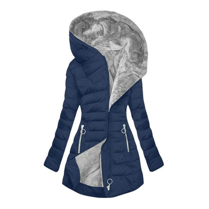 Zíper fino-encaixe parkas algodão-acolchoado jaqueta tendência inverno quente gola de pele parkas roupas femininas casacos de manga longa com capuz — 14