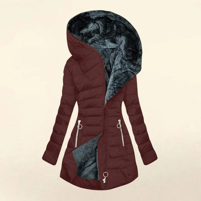 Zíper fino-encaixe parkas algodão-acolchoado jaqueta tendência inverno quente gola de pele parkas roupas femininas casacos de manga longa com capuz — 15