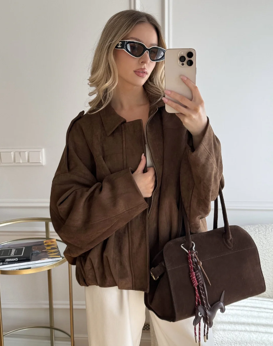 Dames Leren Jas Suede Oversized Warm — 1