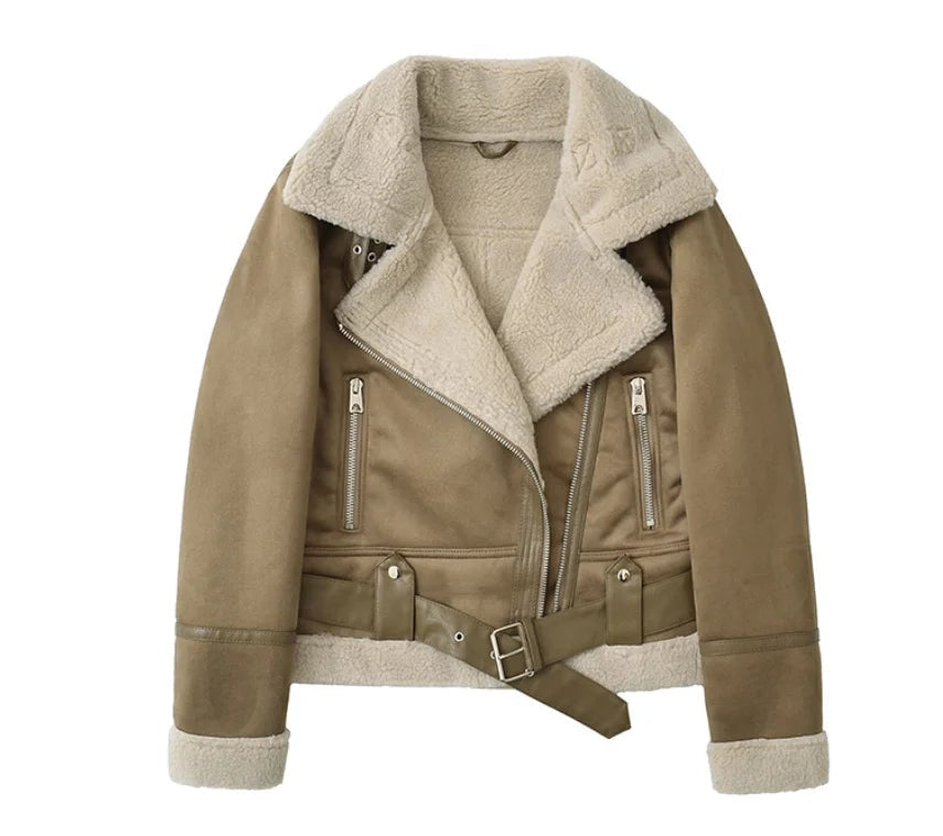 Casaco Quente de Couro Camurça Estilo Espanhol com Forro de Pele de Carneiro para Mulheres, Ideal para Uso em Motocicleta no Outono-Inverno — 1