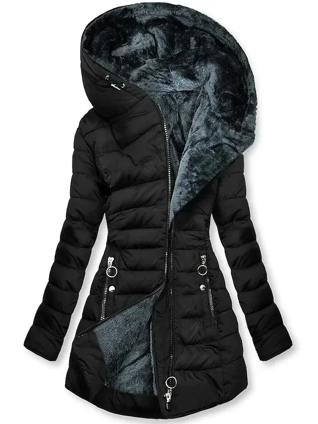 Zíper fino-encaixe parkas algodão-acolchoado jaqueta tendência inverno quente gola de pele parkas roupas femininas casacos de manga longa com capuz — 7