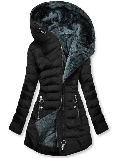 Zíper fino-encaixe parkas algodão-acolchoado jaqueta tendência inverno quente gola de pele parkas roupas femininas casacos de manga longa com capuz — 7