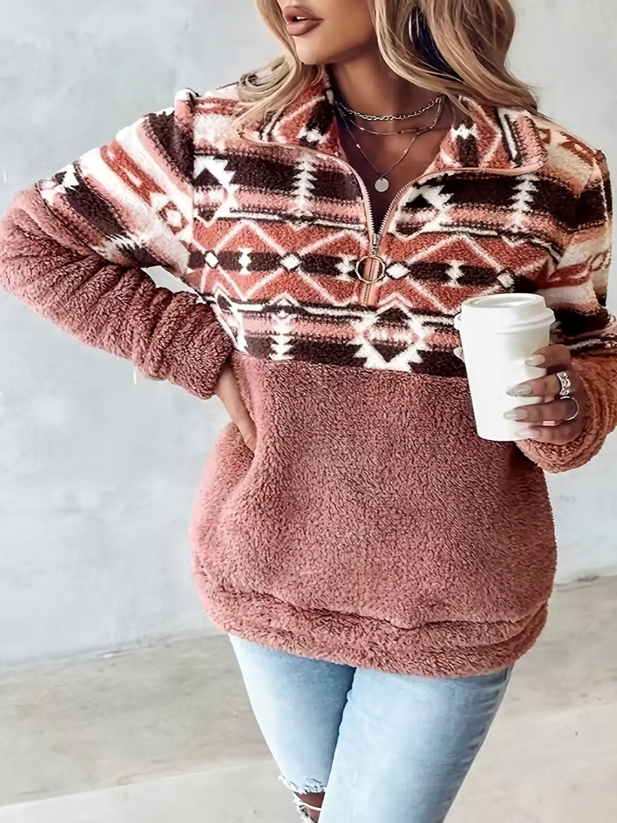 Sweat-shirt Teddy à demi-fermeture éclair à motif géométrique, sweat-shirt décontracté à manches longues pour l'automne et l'hiver, vêtements pour femmes — 2