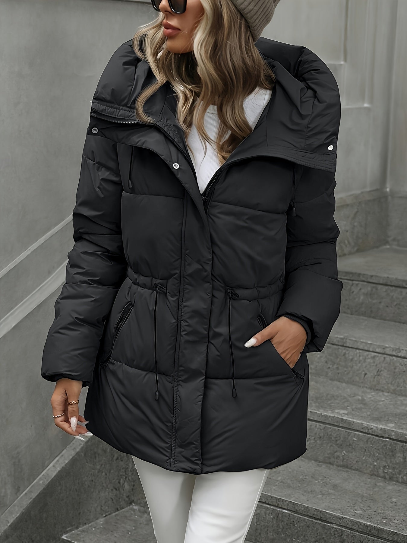 Manteau épais à capuche mi-longe pour femmes, couleur unie, ceinture réglable élégante et tendance, manteau trench chaud et décontracté à bouton unique sur la poche zippée, adapté pour l'automne et l'hiver, manteau long à manches bouffantes — 4