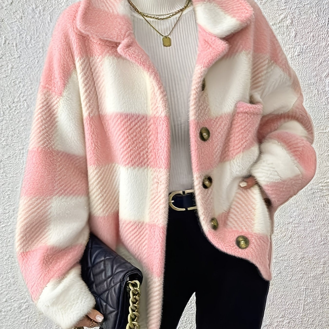 Veste élégante décontractée à carreaux en peluche avec boutons, idéale pour le quotidien en automne et en hiver — 15