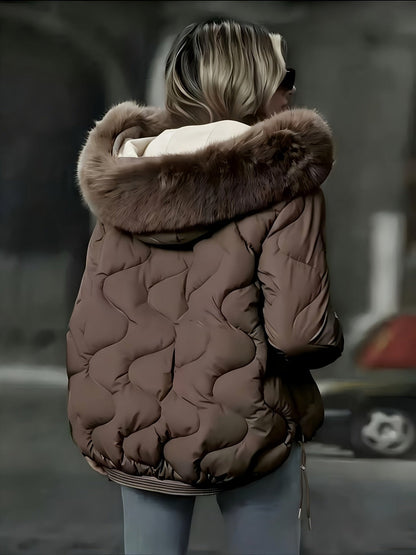 Veste matelassée ondulée, nouveau style automne-hiver, manteau chaud à col surdimensionné, haut décontracté pour femmes avec poche color-block, col amovible et rembourrage isolant matelassé, facile pour l'hiver à -10°C, coupe-vent et rétention de chaleur, — 1