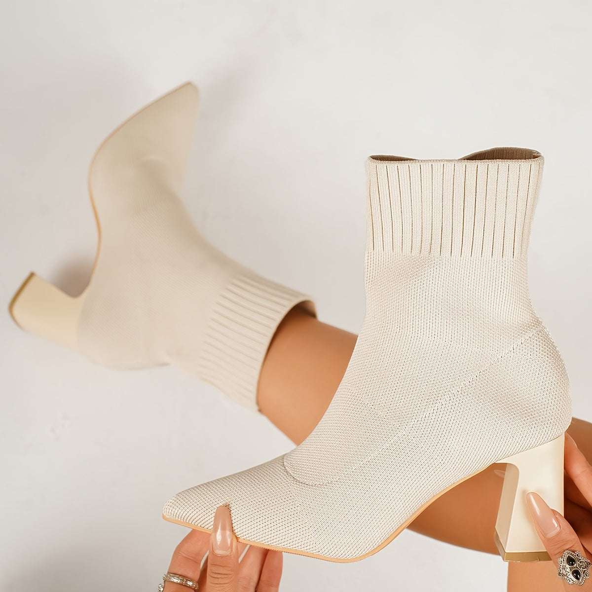 Chaussures élégantes pour femmes, chaussures de dame élégantes, bottes de cheville à talon épais à bout pointu pour femmes, bottes nues, tissu de couleur unie tout-à-fait, confortables, tenue de trajet quotidien, vêtements de fête de festival de musique, — 6