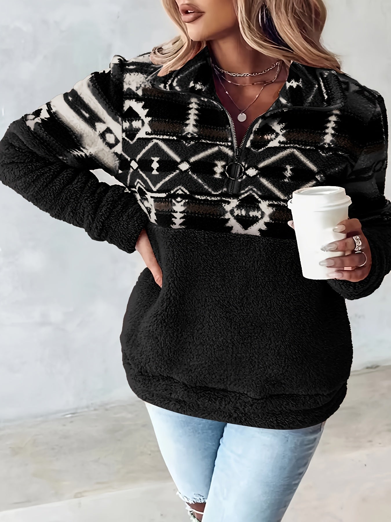 Sweat-shirt Teddy à demi-fermeture éclair à motif géométrique, sweat-shirt décontracté à manches longues pour l'automne et l'hiver, vêtements pour femmes — 3