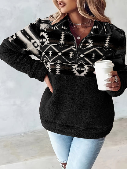 Sweat-shirt Teddy à demi-fermeture éclair à motif géométrique, sweat-shirt décontracté à manches longues pour l'automne et l'hiver, vêtements pour femmes — 3
