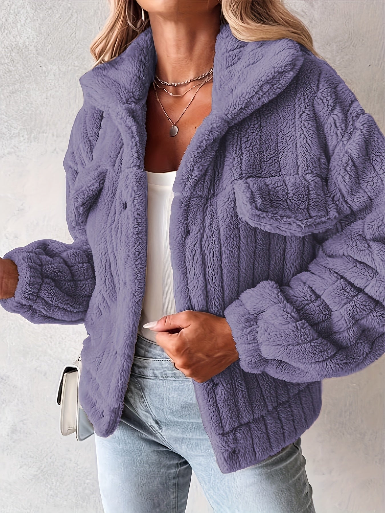 Veste décontractée à col retourné et manches longues en teddy pour femme — 3