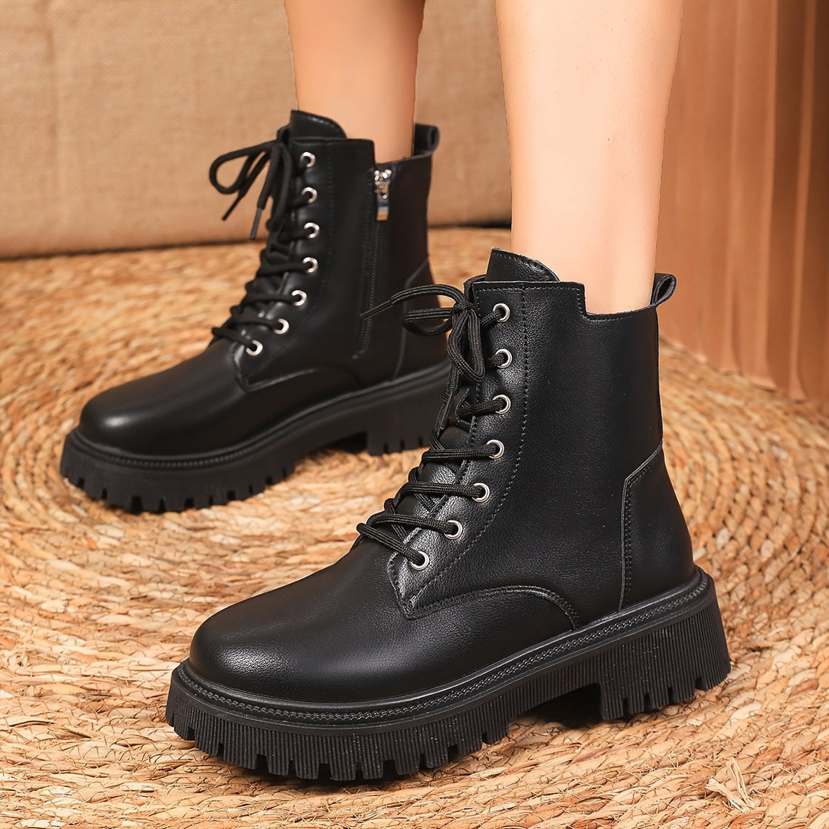 Bottines Courtes à Plateforme Unies pour Femmes, Bottines à Lacets et Fermeture Éclair Latérale, Bottines Confortables pour Femmes, Chaussures pour Femmes — 10