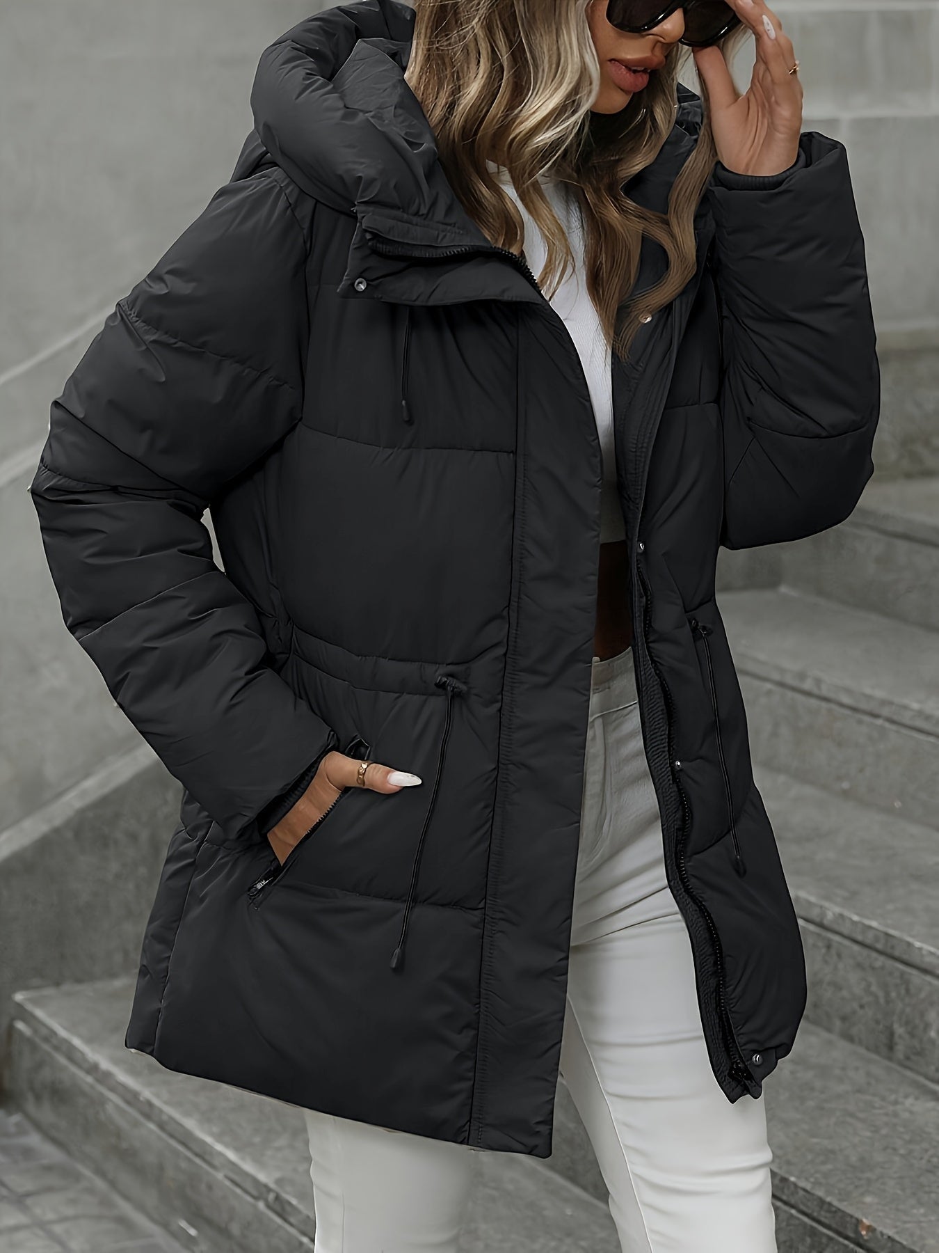 Manteau épais à capuche mi-longe pour femmes, couleur unie, ceinture réglable élégante et tendance, manteau trench chaud et décontracté à bouton unique sur la poche zippée, adapté pour l'automne et l'hiver, manteau long à manches bouffantes — 6
