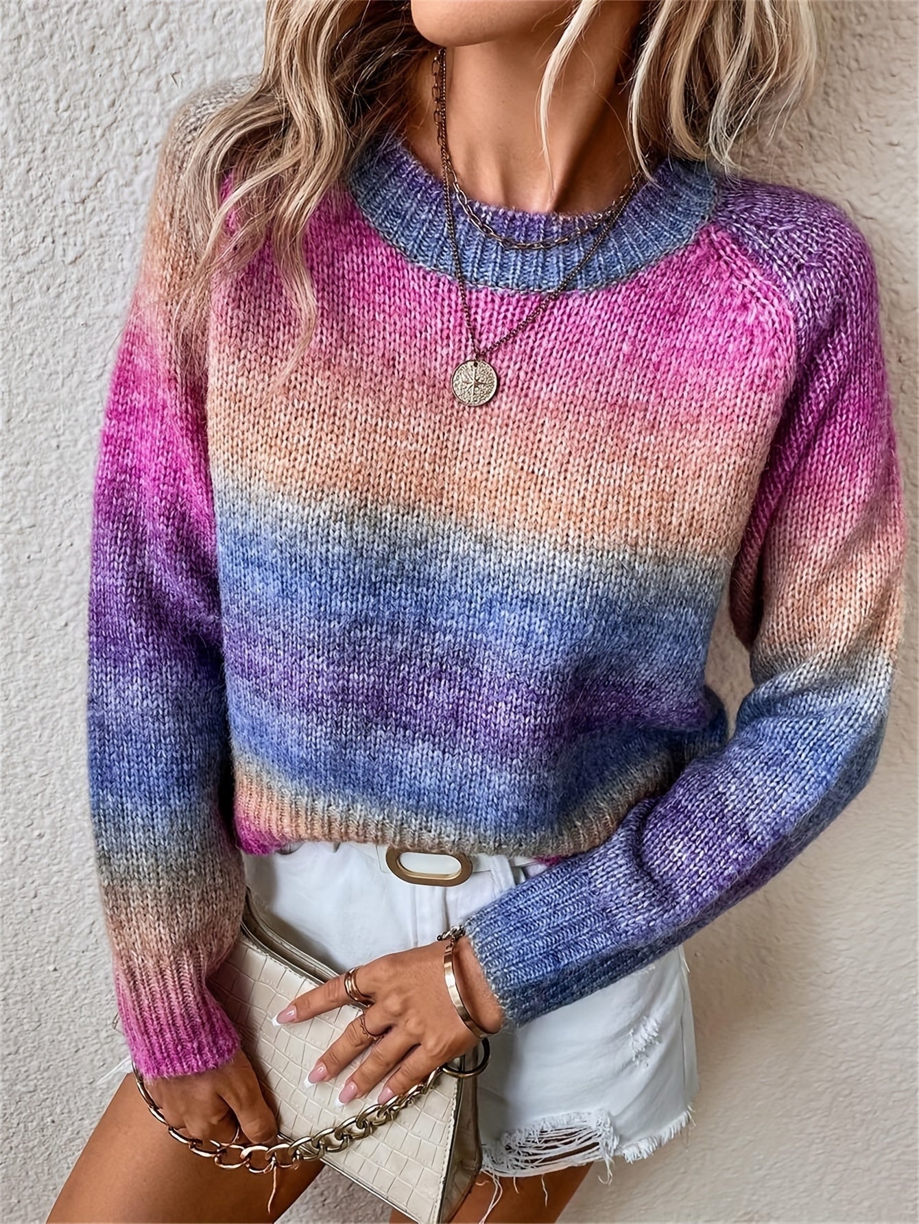 Pull à col rond dégradé, élégant pull à manches raglan pour l'automne et l'hiver, vêtements pour femmes — 1