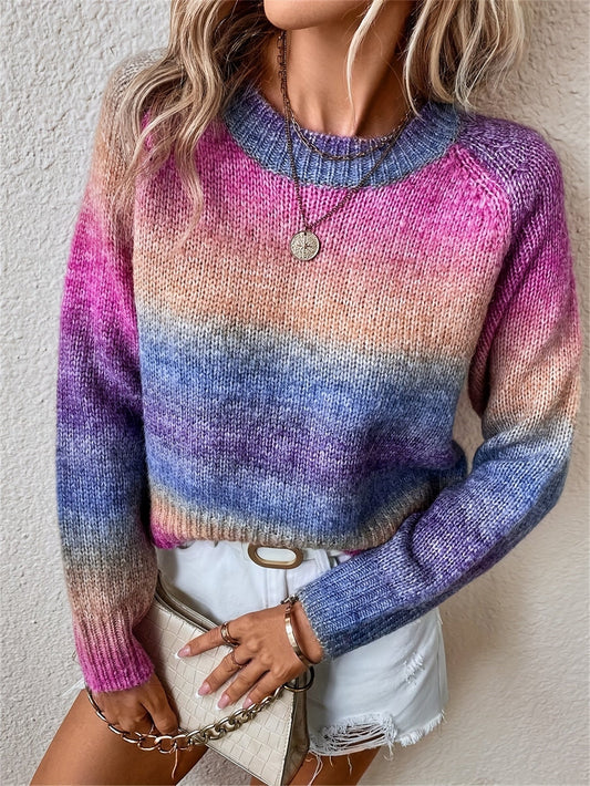 Pull à col rond dégradé, élégant pull à manches raglan pour l'automne et l'hiver, vêtements pour femmes — 1