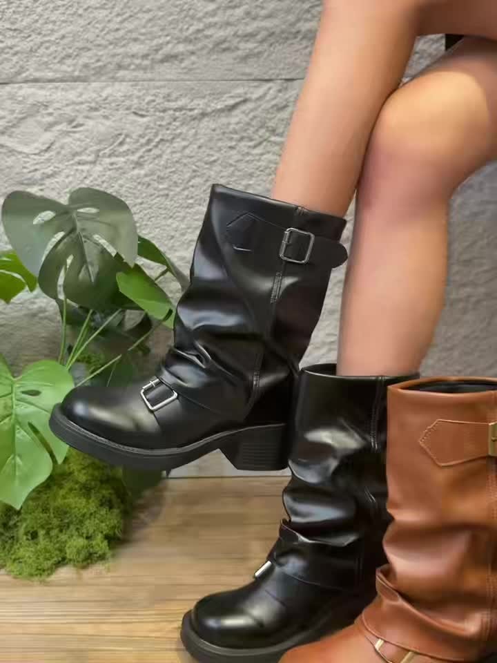 Bottes de mode noires pour femmes, nouvelles bottes à boucle, style européen et américain, talon épais et chunky, semelle épaisse, bottes western légères à pile, bottes plissées, bottes de moto rétro neuves pour femmes, chaussures pour femmes élégantes, c — 15